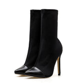 Solid Color Pointed Toe High Heeled Ankle Boots - Black